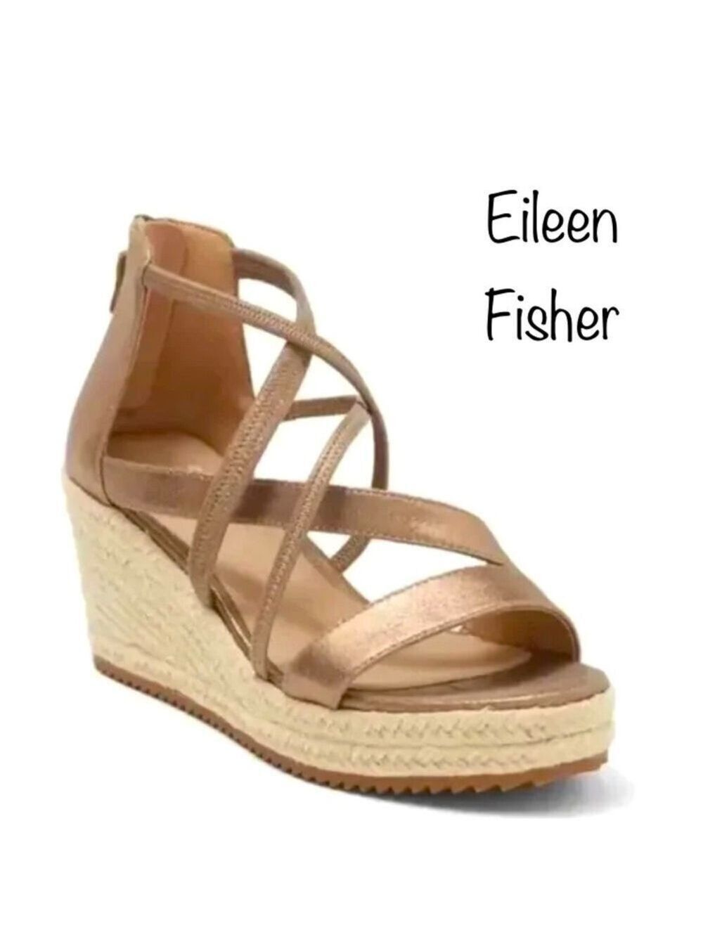 🔥NEW🔥 Eileen Fisher Wanda Bronze Leather Espadrille Wedge Strappy Sandal W9